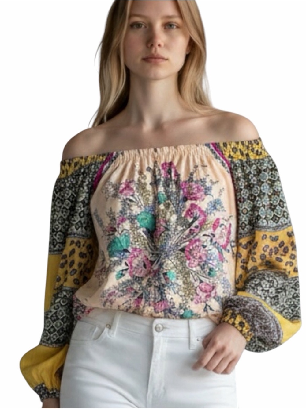Free People X-Small (XS) BOHO Printed Off-the-Shoulder Blouse